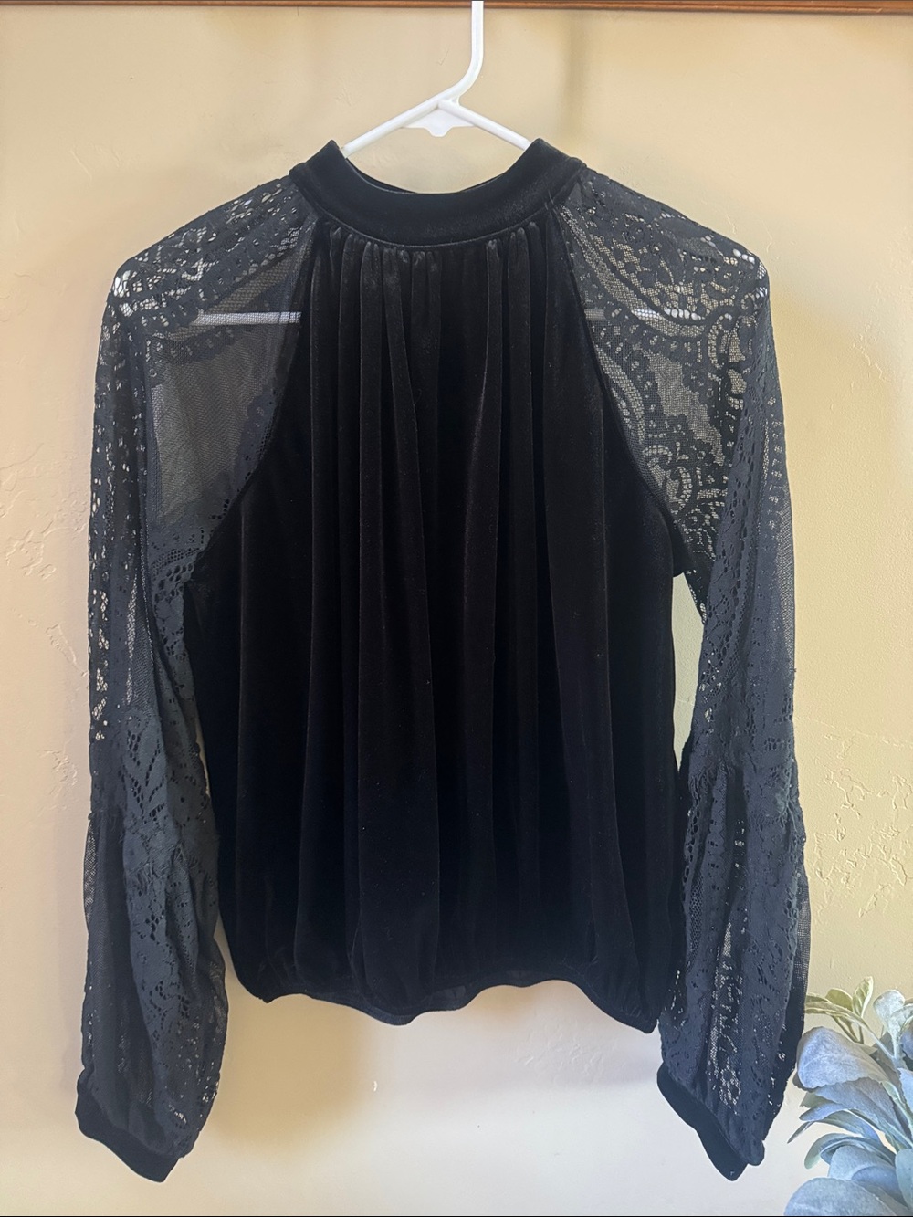 Free People Black Velvet & Lace Mock Neck Blouse